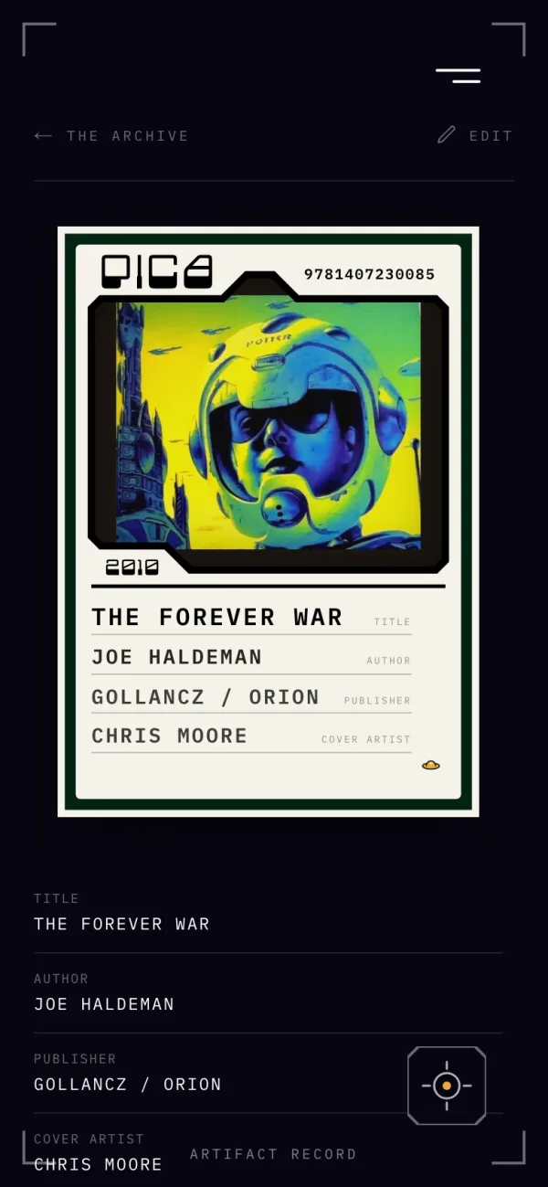 A Pica card for The Forever War, with a photograph of the copy, its title, author, publisher and cover artist.