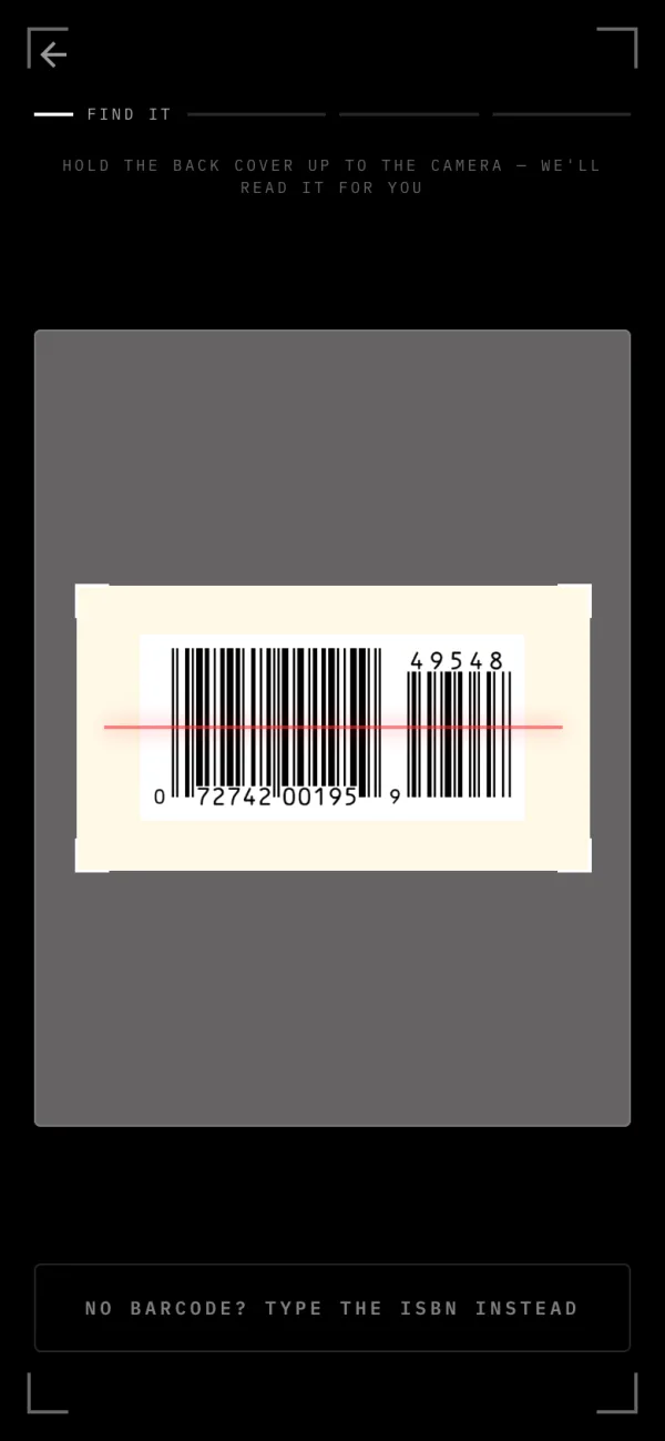 Pica's scan step, with a book's barcode in the reticle.